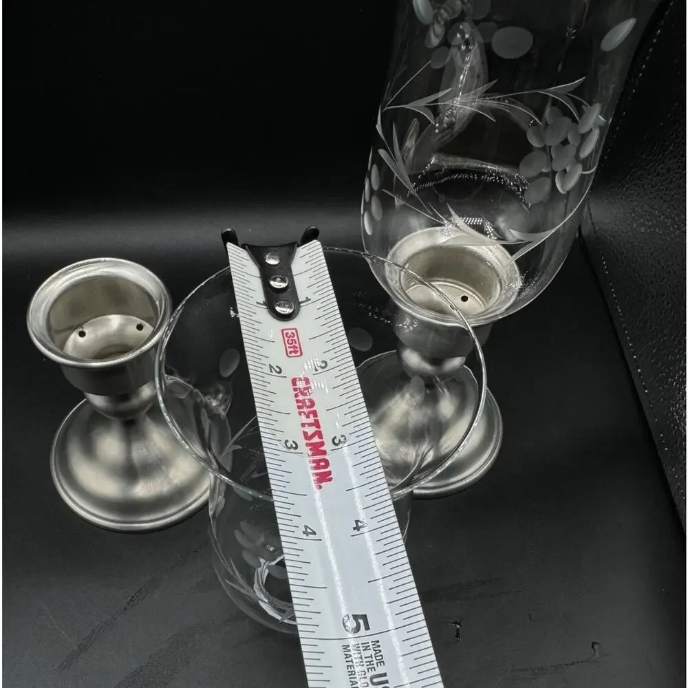 Kirk Weighted Pewter Candlesticks Etched Glass Hurricane Shades Set Of 2 -A95